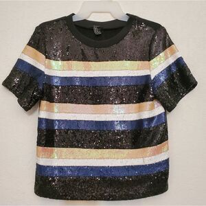 Forever 21 Striped Sequined Glam Boxy Night Out Festive Crew Neck Tee Shirt